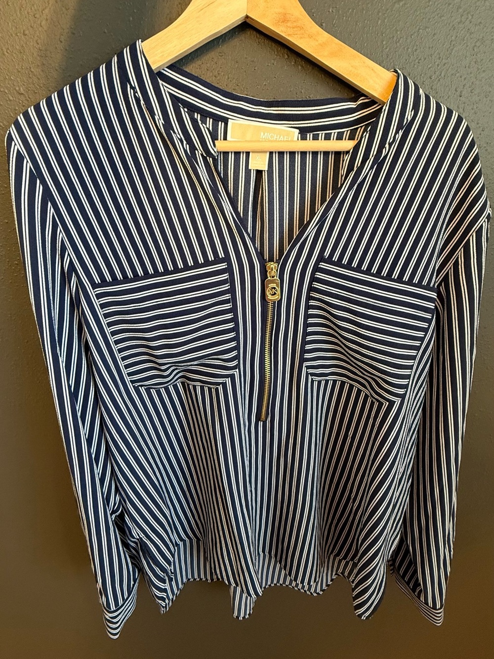 Michael Kors Navy & White Striped Zip-Front Button-Down Top